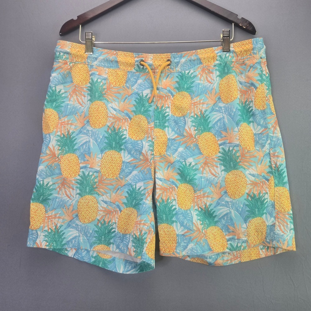 Member's Mark Resort Swim Trunk M Blue Yellow Pineapple Tropical Stretch Shorts